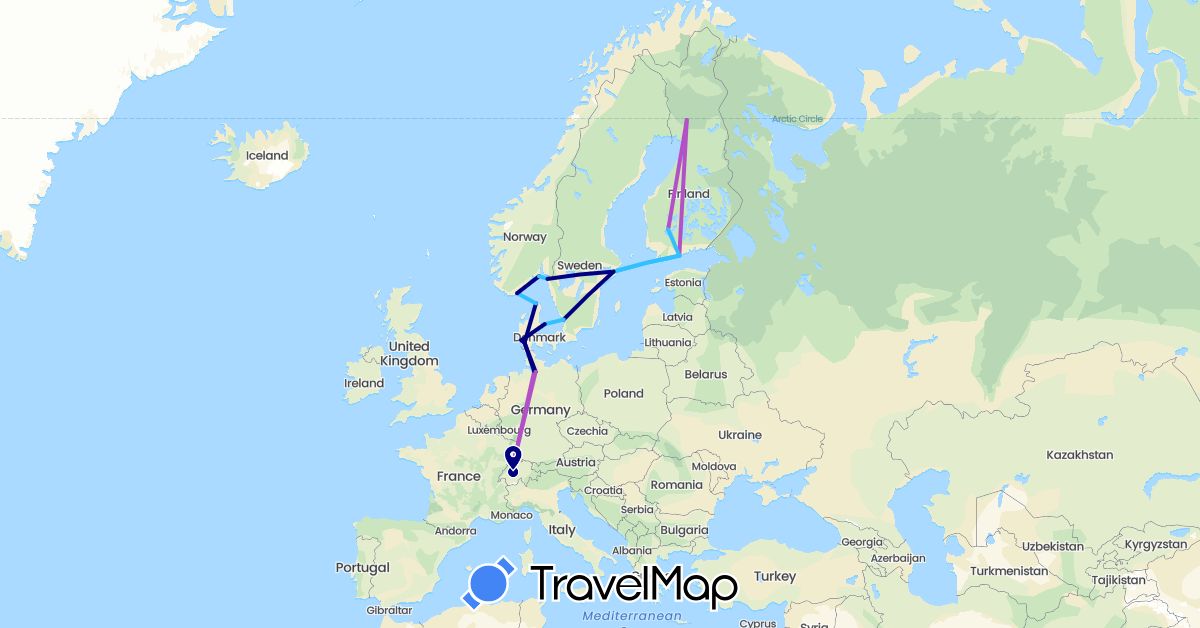 TravelMap itinerary: driving, train, boat in Switzerland, Germany, Denmark, Finland, Norway, Sweden (Europe)
